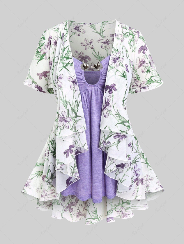 Plus Size Metal Decor Cami Top and Lace Panel Floral Chiffon Draped Ruffle Kimono Set - 1x | Us 14-16