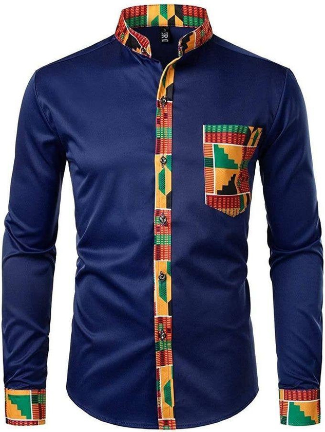 Fashion Navy Blue Ankara Shirt With Kente Details