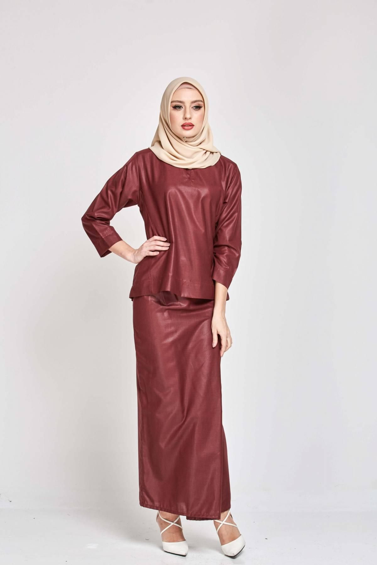 Motherchild Qasimah Kurung Kedah Pesak Linen Shiner Dress (Dark Burgundy)