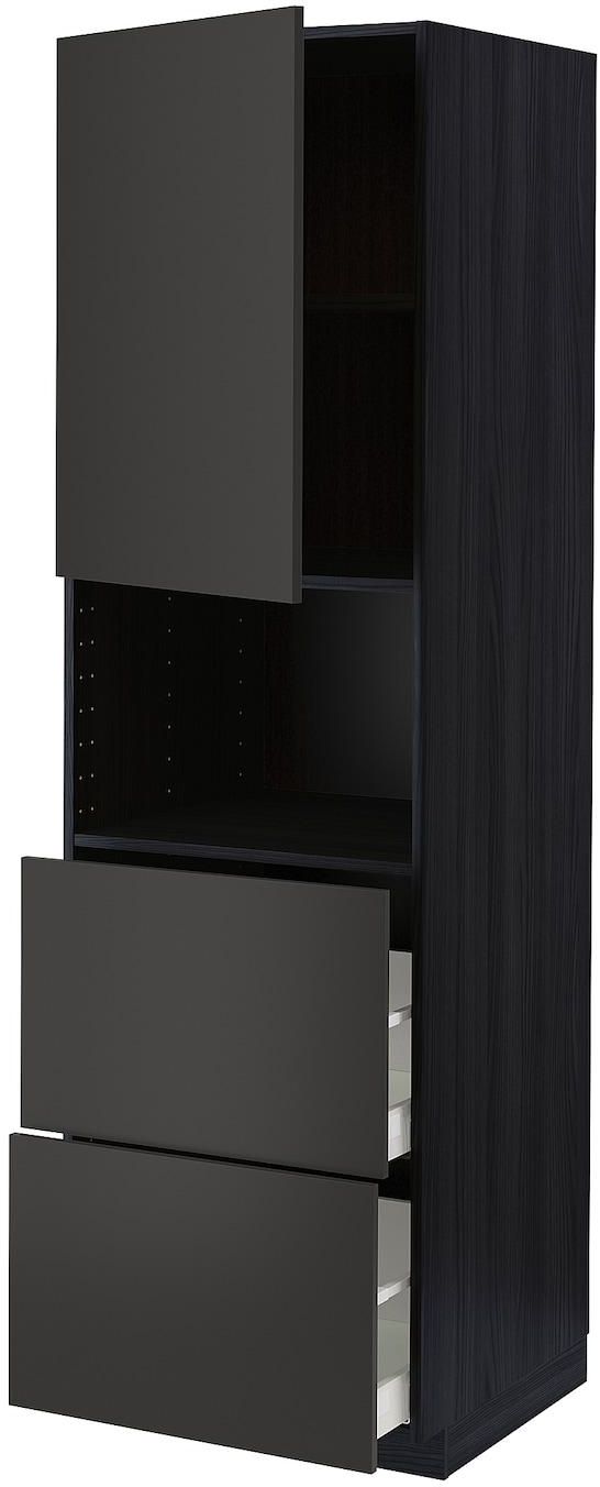 METOD / MAXIMERA خزانة عالية لميكروويف مع باب/درجين - أسود/Nickebo فحمي مطفي ‎60x60x200 سم‏