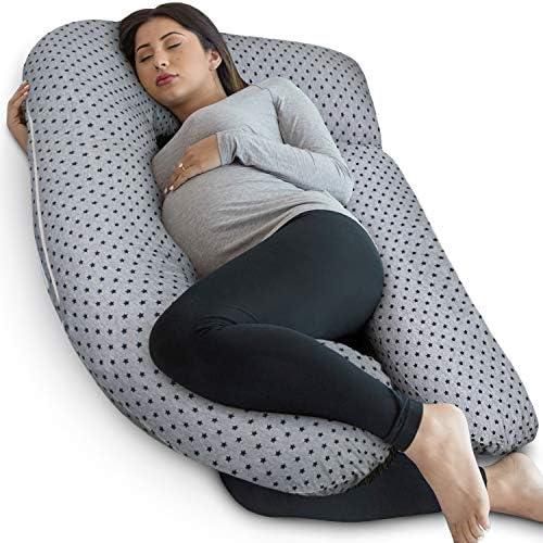 PharMeDoc Pregnancy Pillow, U-Shape (Jersey Grey Stars Pattern, Detachable) Full Body Pillow and Maternity Support for Back, Hips, Legs, Belly for Pregnant Women, Jersey Grey Stars