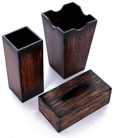 Bmg Wooden Tissue Box & Vase & Basket – Brown