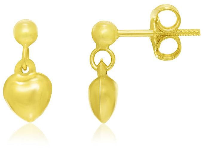 14k Yellow Gold Puffed Heart Children's Dangling Earrings-rx30786