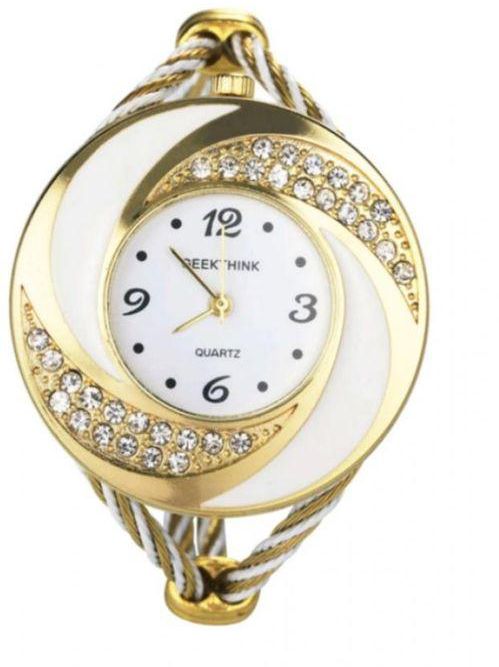 Quartz Rhinestone Whirlwind Design Wristwatch - White Gold