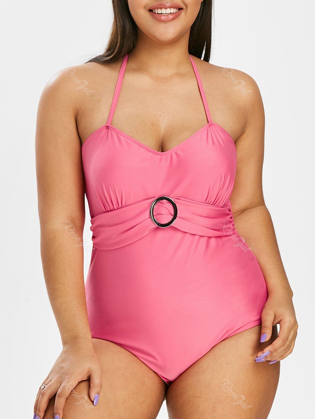Plus Size O Ring Halter Ruched One-piece Swimwear - 1x