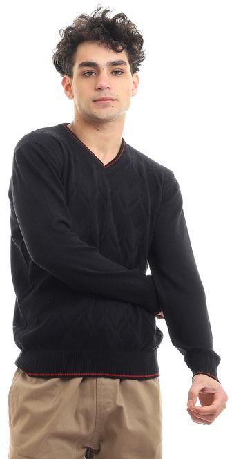 Knitted Slip On V-Neck Pullover - Black