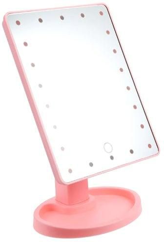 مرآة لوضع مستحضرات التجميل بشاشة تعمل باللمس وإضاءة LED وردي/شفاف
