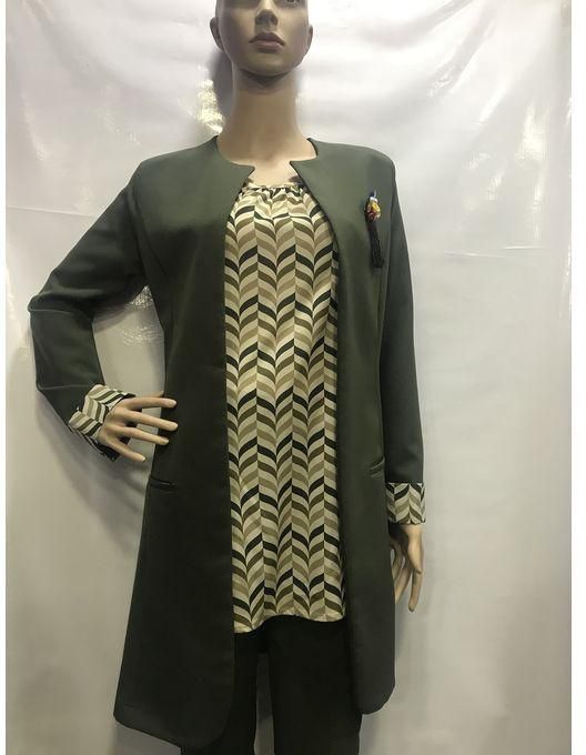 Generic Plain Blazer with Multicolored Blouse - Olive