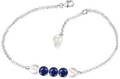White Gold Plated Pearl and Dark Blue Beads Bracelet for Women