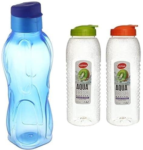 Plastic water bottle with lid, 950 ml - navy + Luscblast aqua fresh plastic water bottle, 5 liter 2 pieces - multicolor, 1.5 l