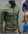 Fashion Men Solid Colour Slim Fit Long Sleeve Button Turn Down Collar Shirt Top Army Green