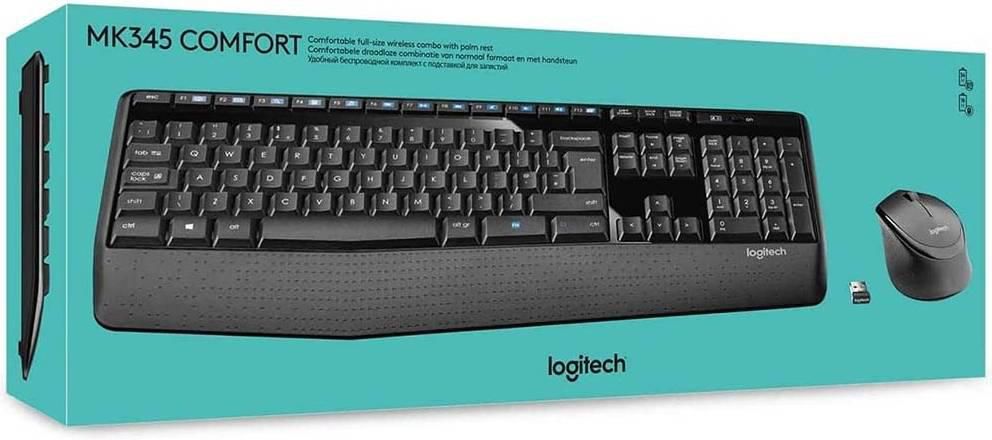 Logitech MK345 Wireless Keyboard and Mouse Combo, 10m Operating Distance, USB Receiver Interface, 1000DPI Sensor Resolution, With Palm Rest, English Layout, Black | 920-006489