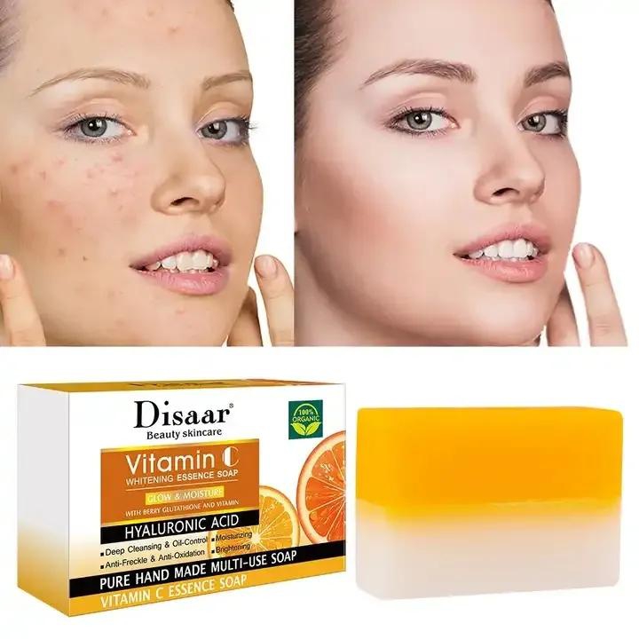 Disaar Vitamin C Whitening Essence Soap. Hyaluronic Acid Glow and Moisturize. Deep Cleansing and Oil- Control. Moisturizing. Anti-Freckle and Anti-Oxidation. Brightening. Pure Hand