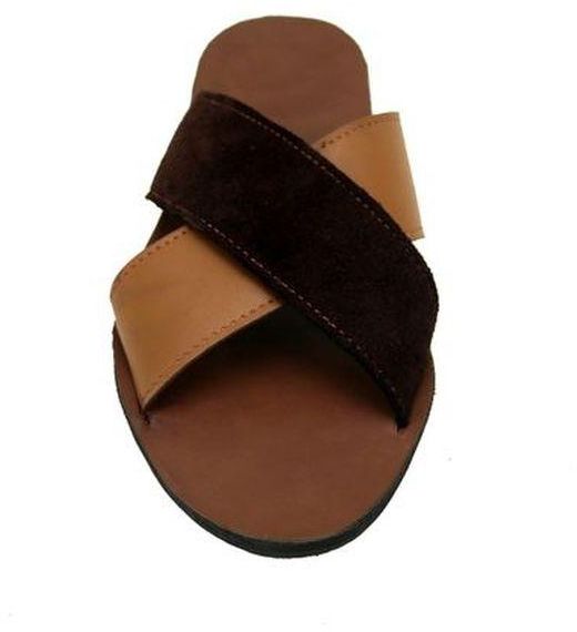 Brown Suede Leather Mix Cross Slippers