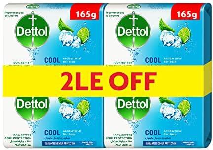 Dettol cool anti-bacterial bathing soap bar for effective germ protection, personal hygiene & odour protection , mint & bergamot fragrance, 4 pieces 165g @20%