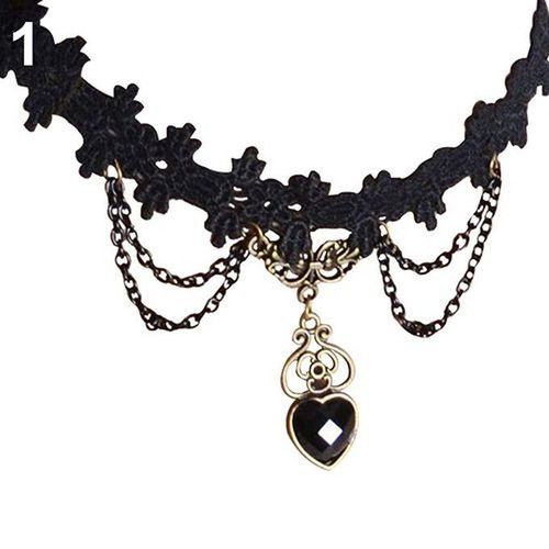 Generic Women Black Lace Collar Choker Heart Shape Chain Dangle