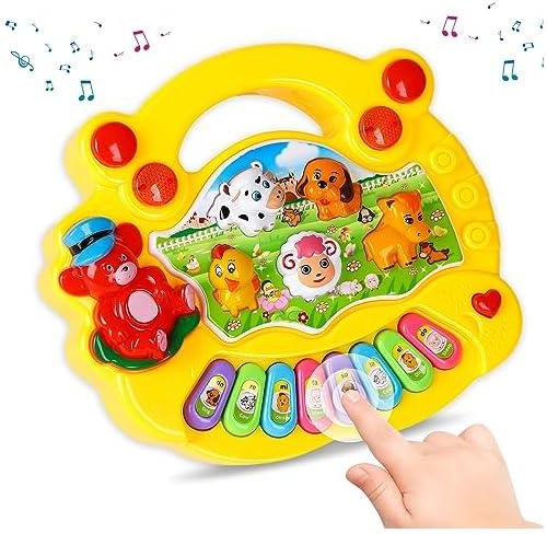 لعبة موسيقية للأطفال بعمر 6-12 شهر من جوكاسشي، لعبة موسيقية على شكل حيوان كرتوني للاطفال مع أصوات حيوانات وضوء، لعبة موسيقية تعليمية لتعلم الأطفال (أصفر)