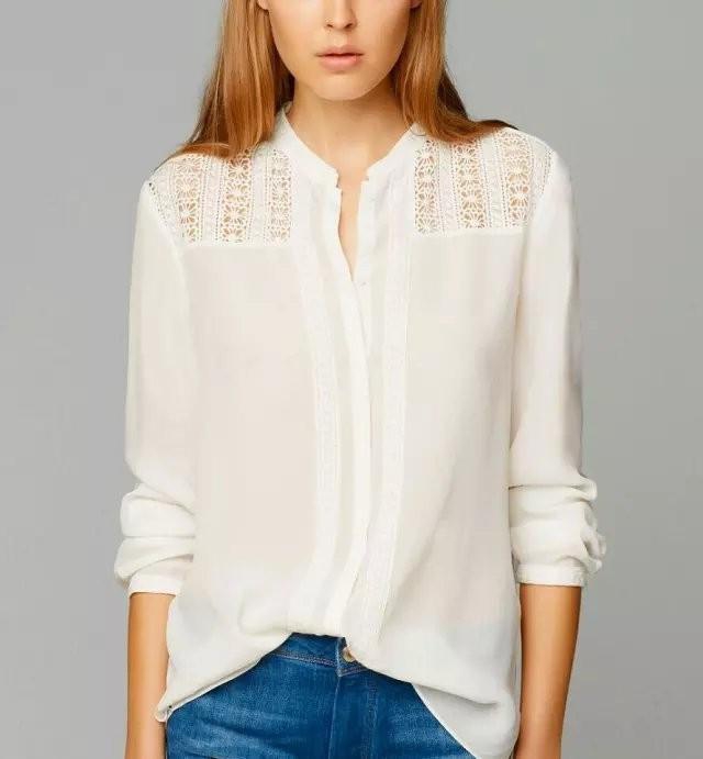 Women Elegant Casual Embroidered Blouse, White, Long Sleeved
