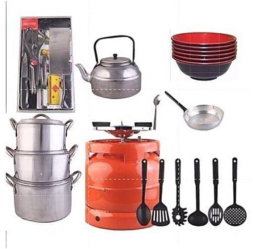 Generic Economy Kitchen Bundle- 4 Set Pots, 1 Kettle, 1 Frying Pan, 1 Set Non-stick Frying Spoon, 1 Small Knife Set, 1 Set Of Table Spoon And 6kg Gas Cylinder + 1 Pack Of Unbreakable Eating Plate