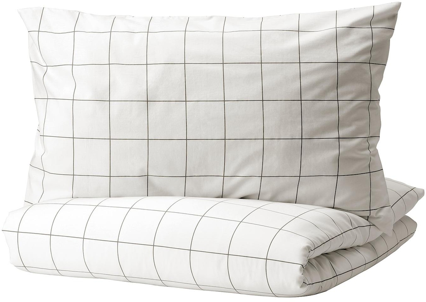 VITKLÖVER Duvet cover and 2 pillowcases - white black/check 240x220/50x80 cm