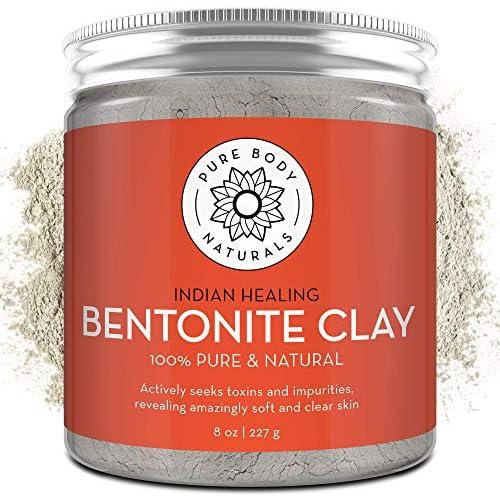 Pure Body Naturals Pure Bentonite Powder for DIY Detox Bath & Facial Mask, Pure Indian Healing Clay for Burns, Mastitis, Inflamed or Chapped Skin (8.0 oz)