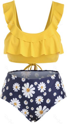 Plus Size Daisy Print Tie Back Ruffled Bikini Set - 4x
