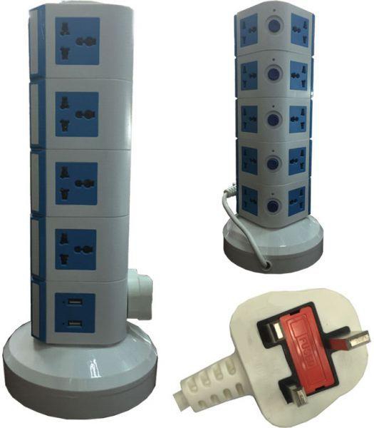 4-Way Universal Vertical Extension Socket with 2 USB Ports, 5 Layers, Blue