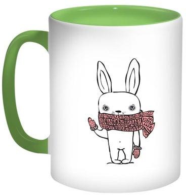 مج قهوة مطبوع بصورة أرنب كرتوني أخضر/ أبيض/ وردي