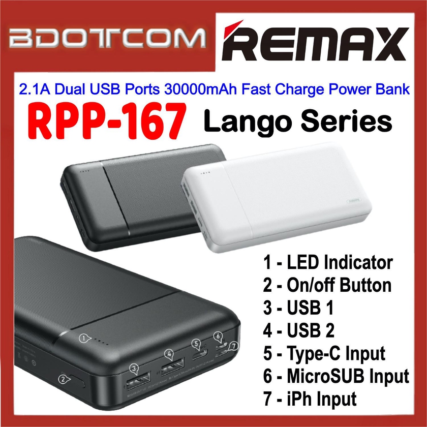 Remax RPP-167 Lango Series 2.1A Dual USB Ports 30000mAh Fast Charge Power Bank