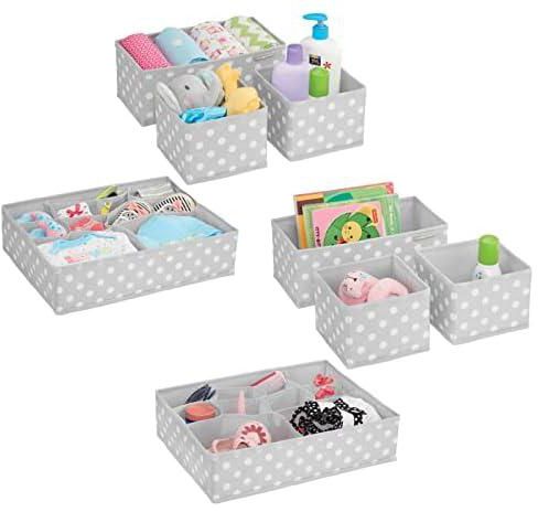 mDesign Soft Fabric Dresser Drawer and Closet Storage Organizer Set for Child/Baby Room or Nursery – 8 Organizing Bins - Polka Dot Pattern, Set of 8, Light Gray with White Dots