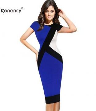 Kenancy Women's Elegant V-Neck Classical Long Sleeve Geometry Print Wrap Dress Blue S