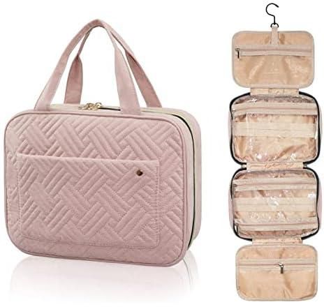 Hanging Toiletry Bag, 4 Compartments Large Travel Makeup Bag Waterproof, Portable Cosmetic Toiletries Storage, Pink Wash Bag for Women, Men