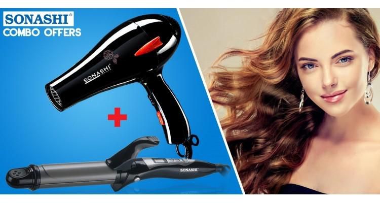 Sonashi Combo Pack with Hair Dryer 2000 W and 2 in 1 Hair Curler & Straightener