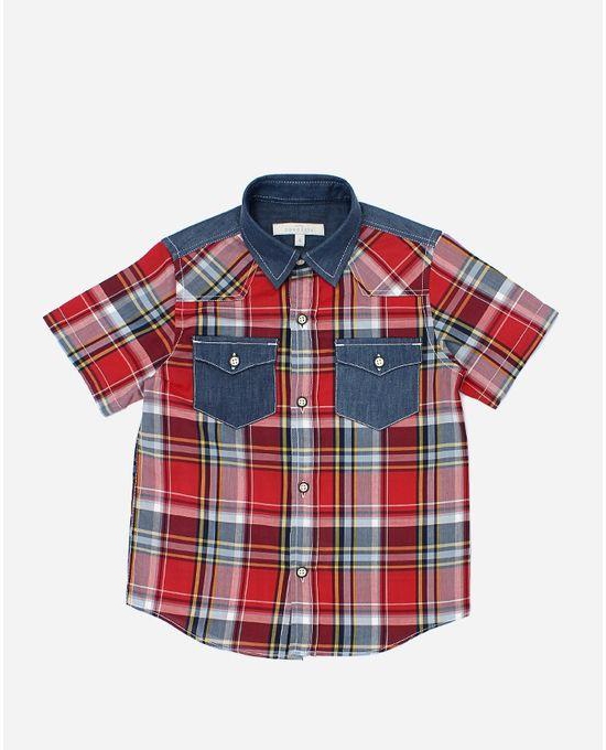 Concrete Boys Madras With Jeans Collar Shirt - Red & Navy Blue
