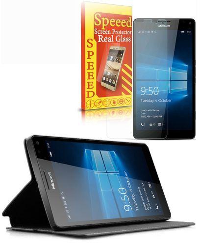 Speeed Leather Cover For Microsoft Lumia 950 XL - Black + HD Glass Screen Protector