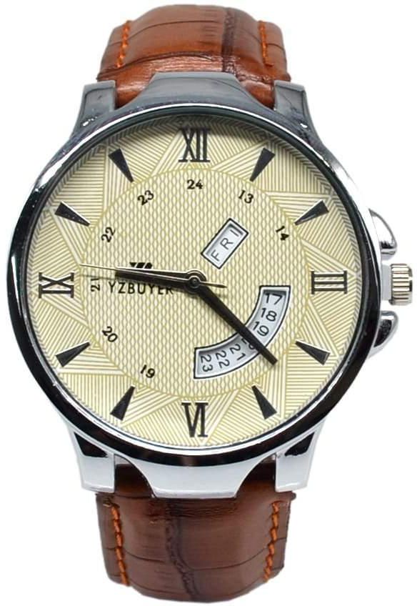 YZBuyer Brown Dial Leather Strap Classic Men Watch
