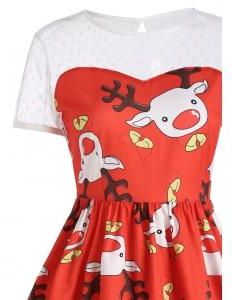 Mesh Insert Cute Reindeer Christmas Party Dress - Red - 2xl