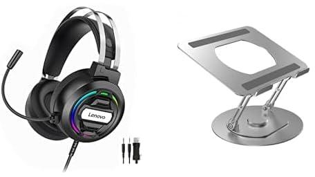 Laptop Essentials Bundle (Lenovo H401 Led Light Gaming Headphone With Noise Canceling Microphone And Stereo Bass Surround Sound 40MM For Computer + WIWU S800 Ergonomic Adjustable Laptop Stand, Silver)