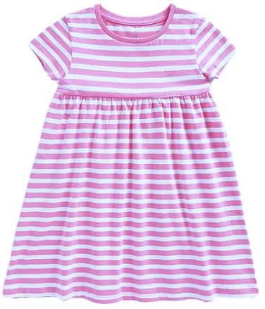 Girls Short Sleeves Striped Empire Dress - Pink - 2-3 Years