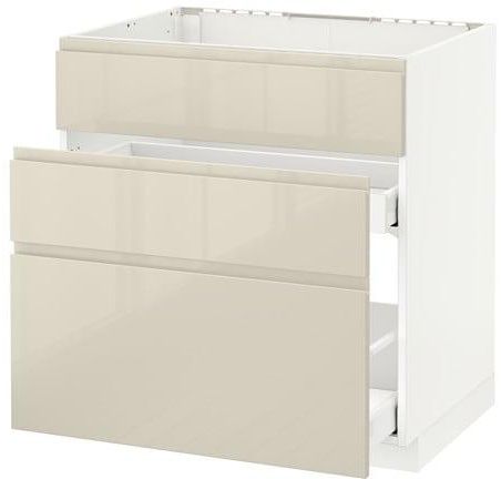 METOD / MAXIMERA Base cab f sink+3 fronts/2 drawers, white, Voxtorp high-gloss light beige
