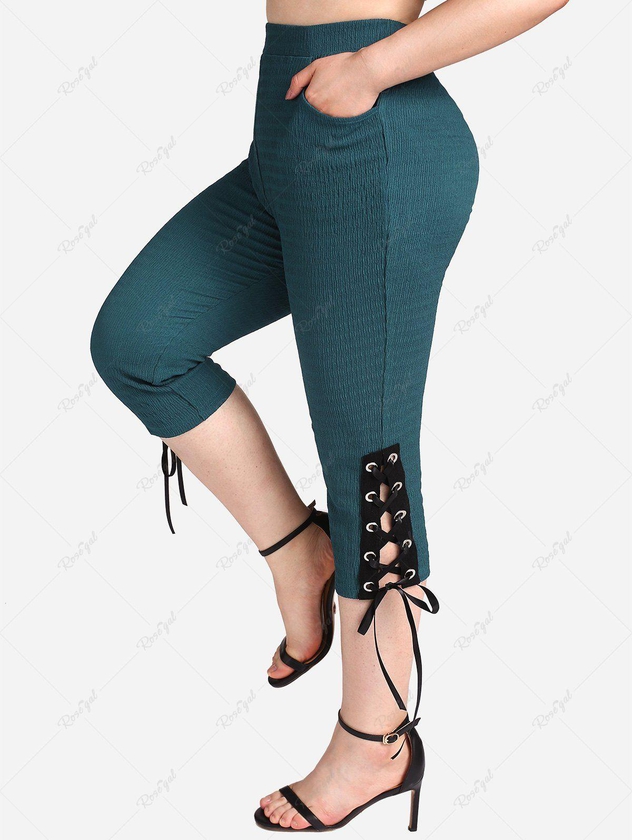 Plus Size Pockets Lace Up Textured Capri Pants - 3x | Us 22-24
