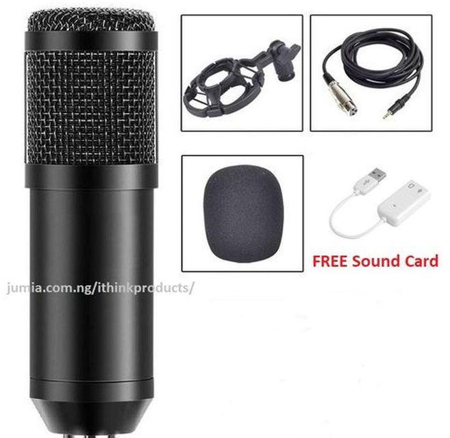 Microphone BM 800 Condenser Microphone Audio Mic Studio Sound Recording Microphone - Black + Sound Card