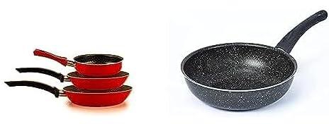 Trueval frying pan set of 3 frayers 14-20-24 red color + Lazord granite deep frying pan 24cm, black