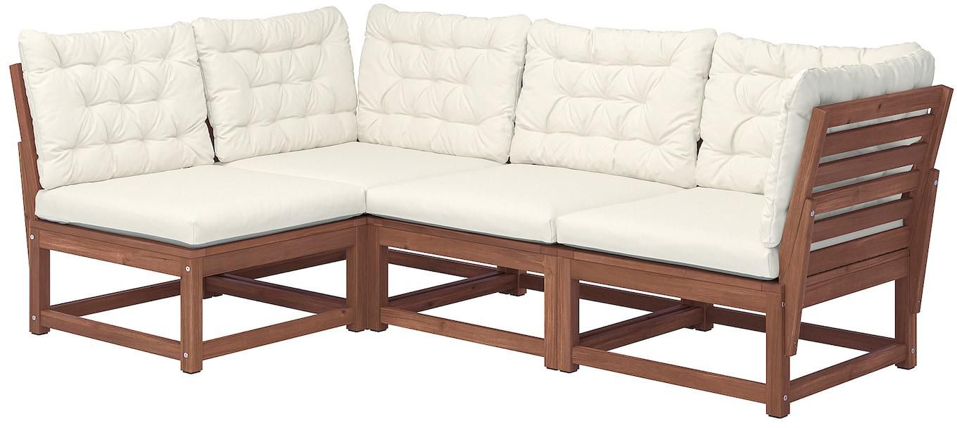 NÄMMARÖ Modular corner sofa, 3-seat - outdoor light brown stained/Kuddarna beige