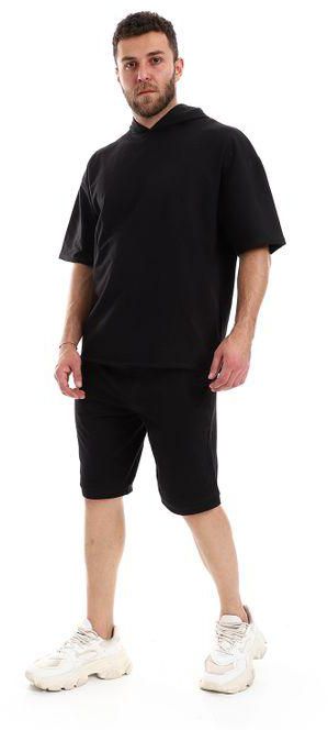 Izor Solid Hooded Neck Oversized Outwear Set - Black