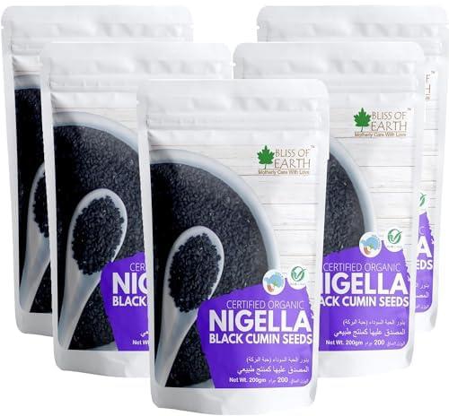 Bliss of Earth Certified Organic Black Cumin Kalonji Seeds, Nigella Seeds, Packed with Antioxidants 5x200GM