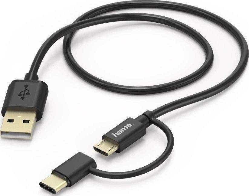 Hama 2-in-1 Micro-USB Cable with USB Type-C Adapter, 1 m, Black