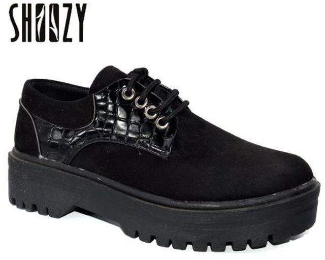 Shoozy Women Lace Up Flat Shoes - Black