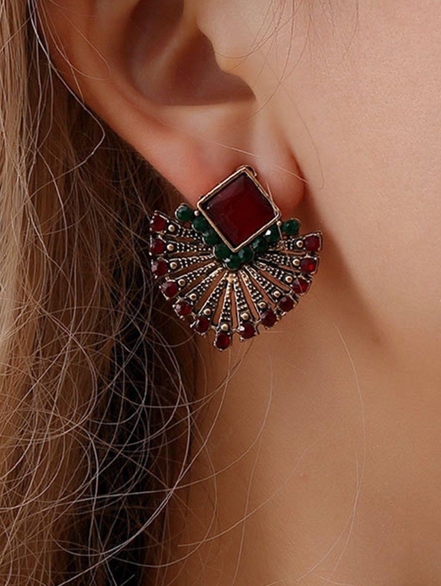 Vintage Bohemia Sector Shaped Faux Gem Stud Earrings