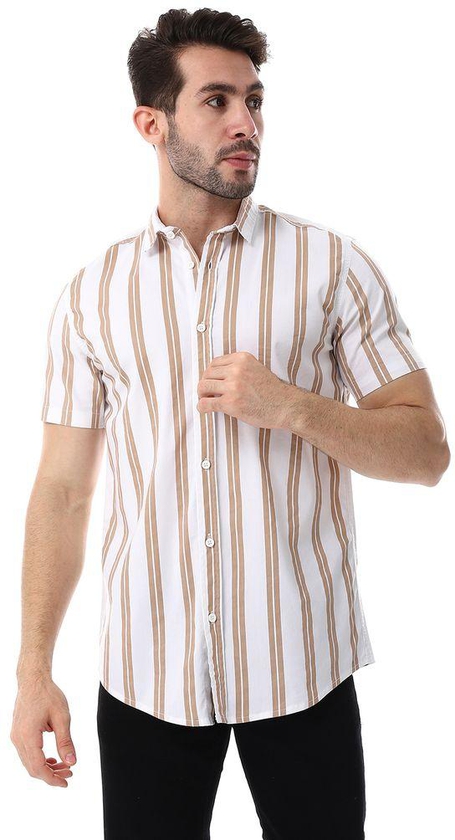 White Rabbit Striped Pattern Short Sleeves Shirt - White & Cider Brown